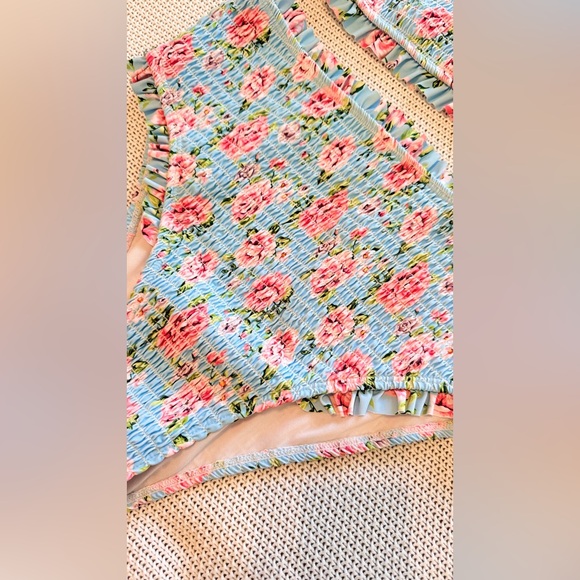 Smocked Ruffle Floral Blue & Pink Bikini Swimsuit - Picture 5 of 11